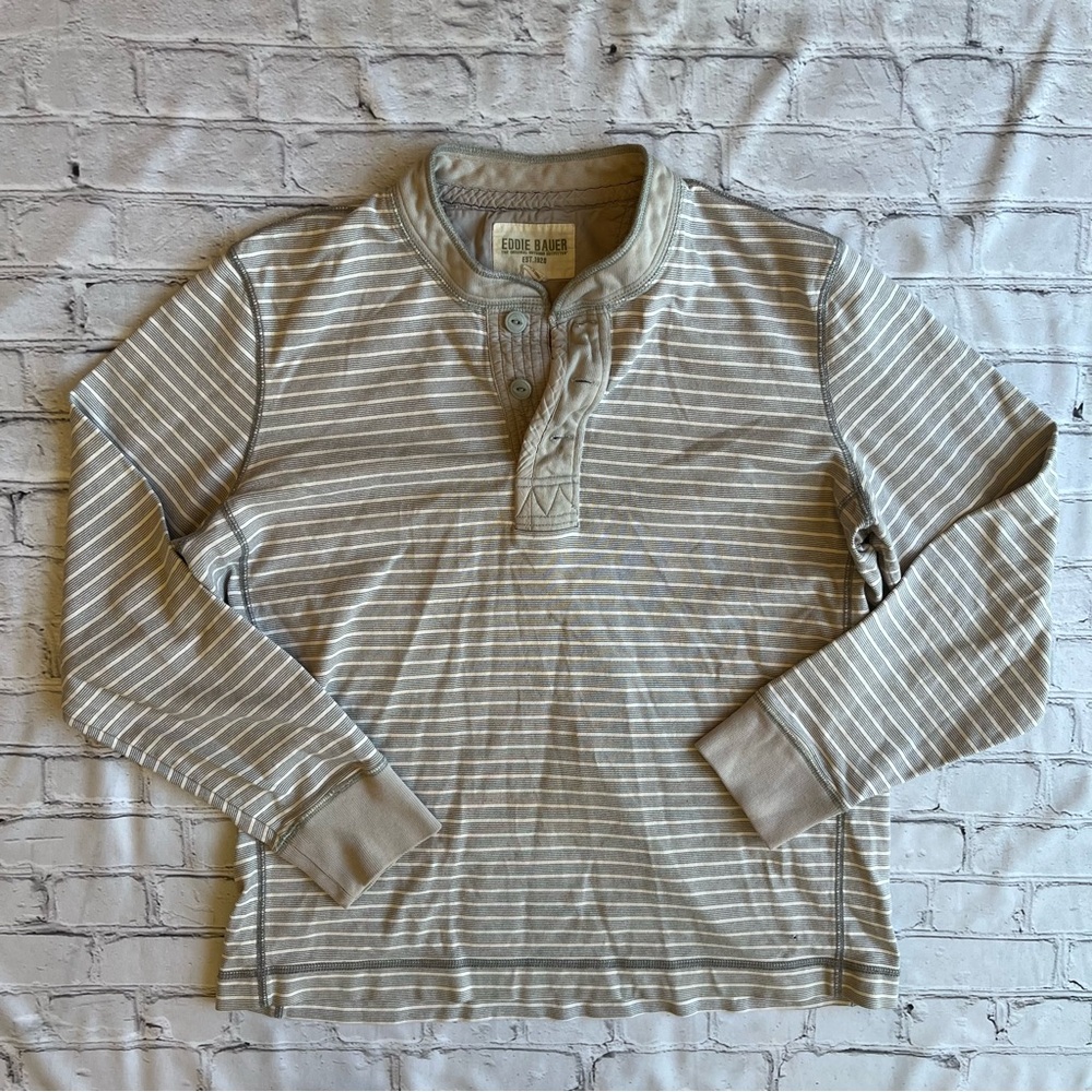 Eddie Bauer XXL Vintage Y2K Henley Long Sleeve Short Tan Neutral Outdoors Preppy